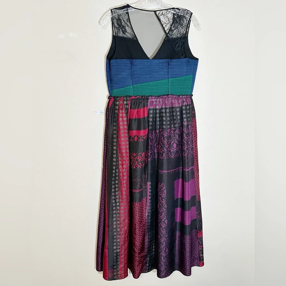 Anthropologie Niki Mahajan Lined Silk Patchwork Lace Multicolor Midi Dress S- 8 - Picture 5 of 16